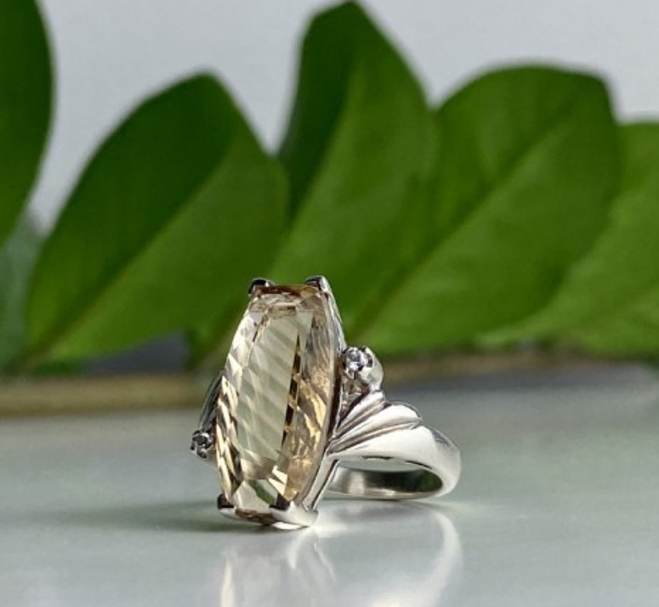 925 Sterling Silver Golden Tourmaline & Quartz Ring Size 6.5